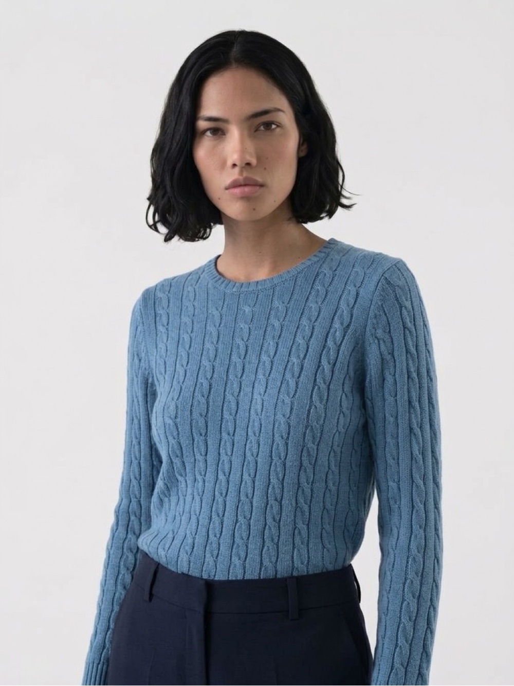 Charter Club Women’s Cable Knit Crewneck Sweater Dusty Blue Cotton P/M